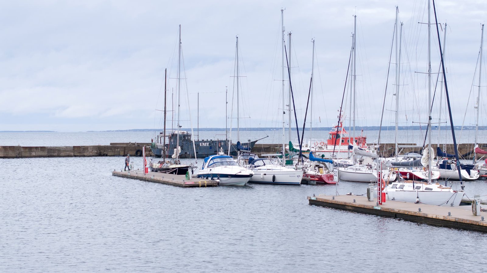 Marina view from Aqualoft yacht deck — moored sailboats